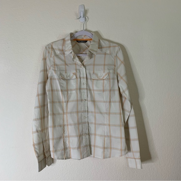 Arcteryx Womens orange/ white plaid long sleeve button down shirt L - Picture 1 of 8